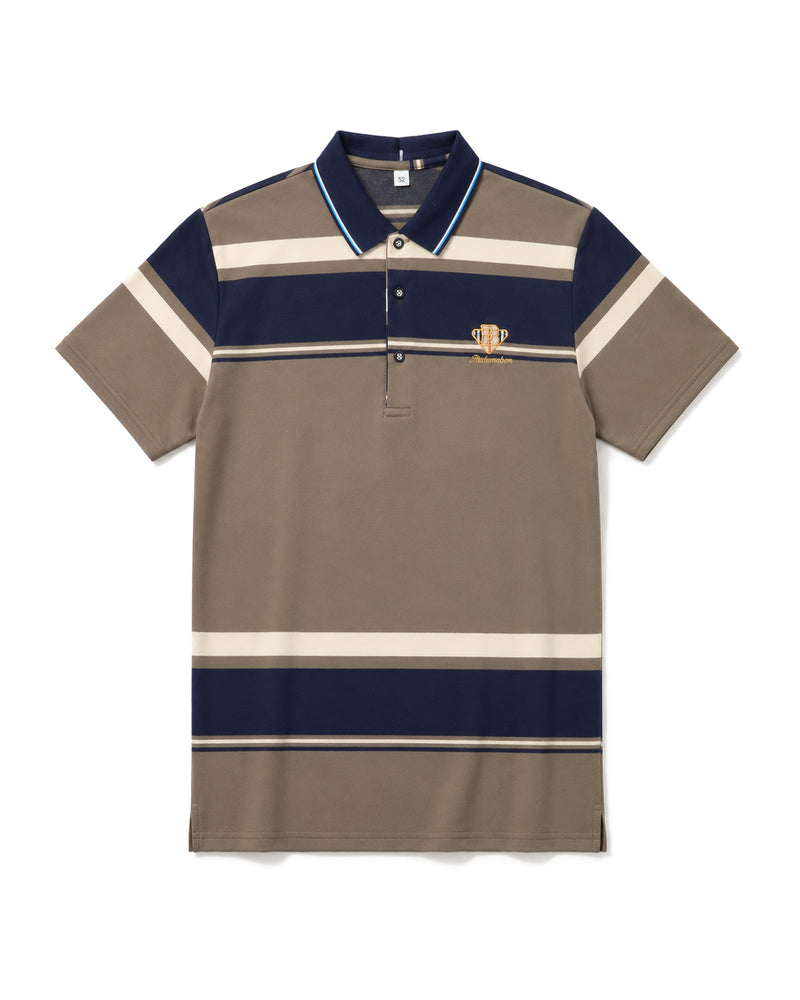 Men's Taupe Navy Horizontal Stripe Polo Shirt