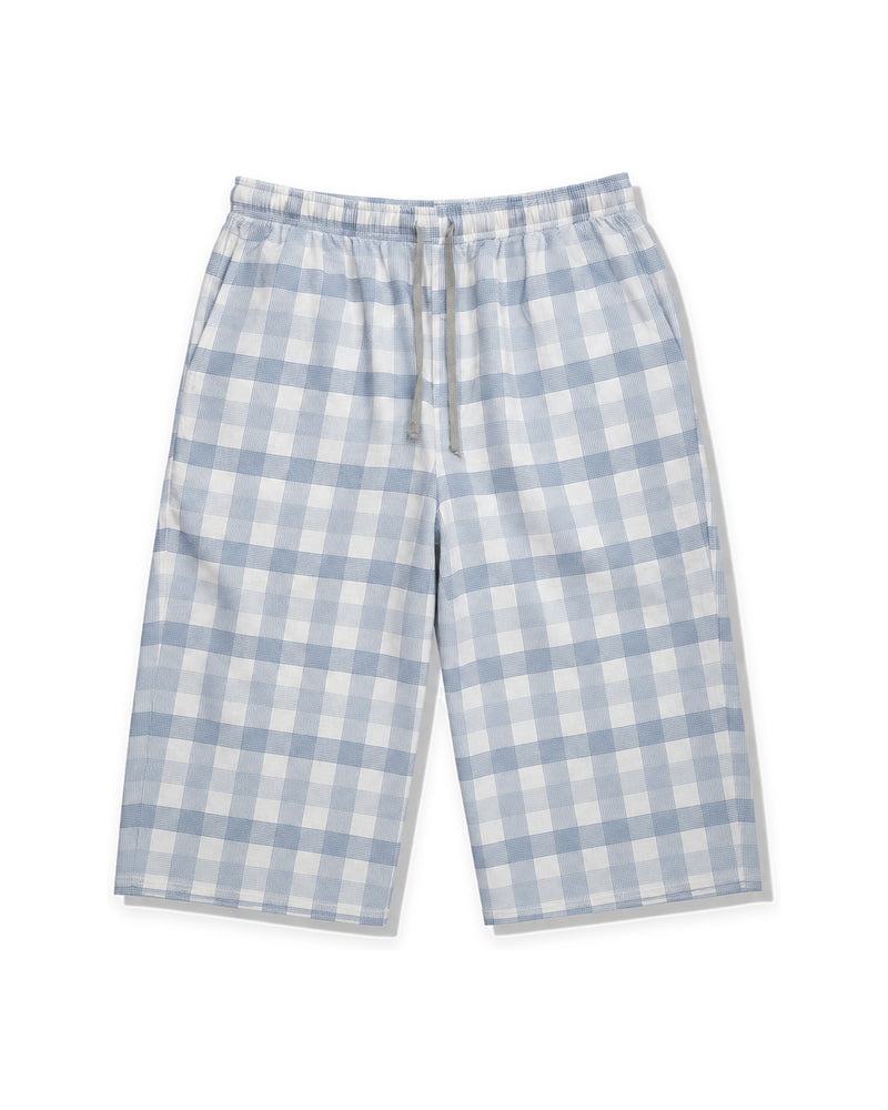 Men's Light Blue Gingham Check Drawstring Knee-Length Shorts