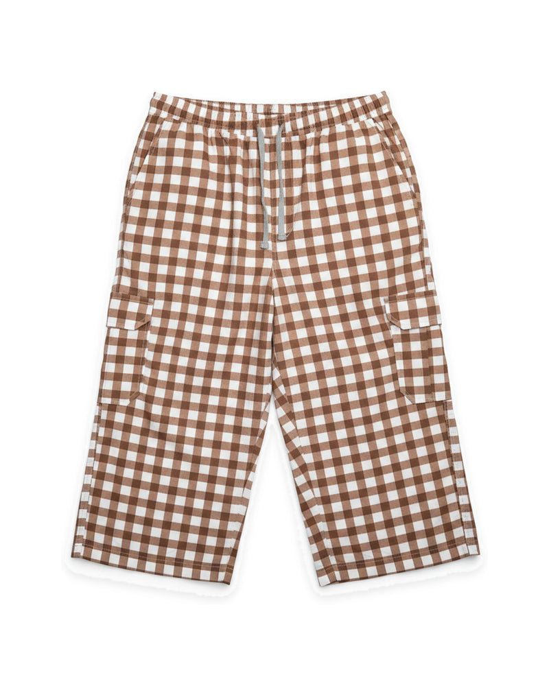 Men's Brown Gingham Check Drawstring Cargo Shorts
