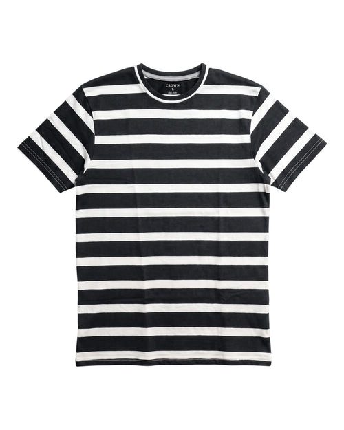 Men's Black and White Wide-Striped Round-Neck T-Shirt