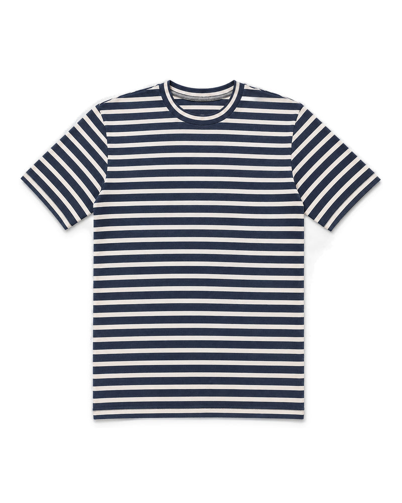 Men's Navy and Cream Wide-Striped Round-Neck T-Shirt