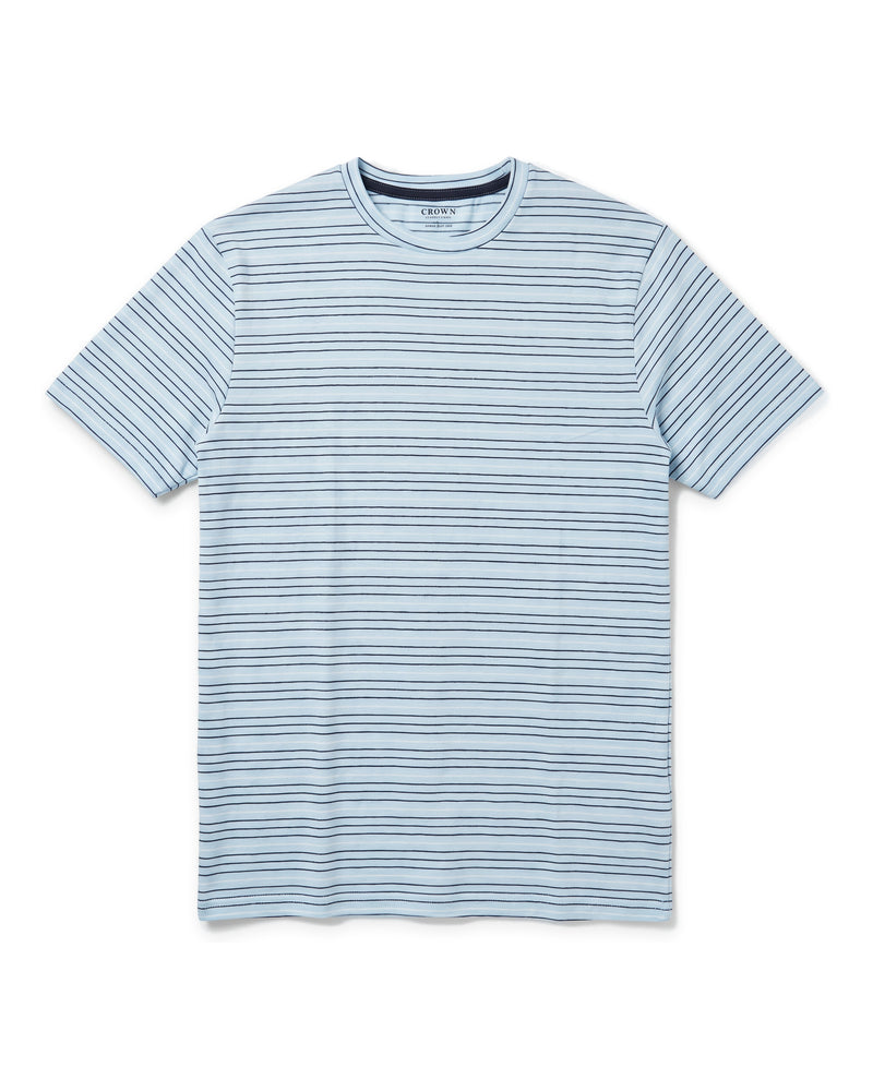 Men's Light Blue and Navy Pinstriped Round-Neck T-Shirt